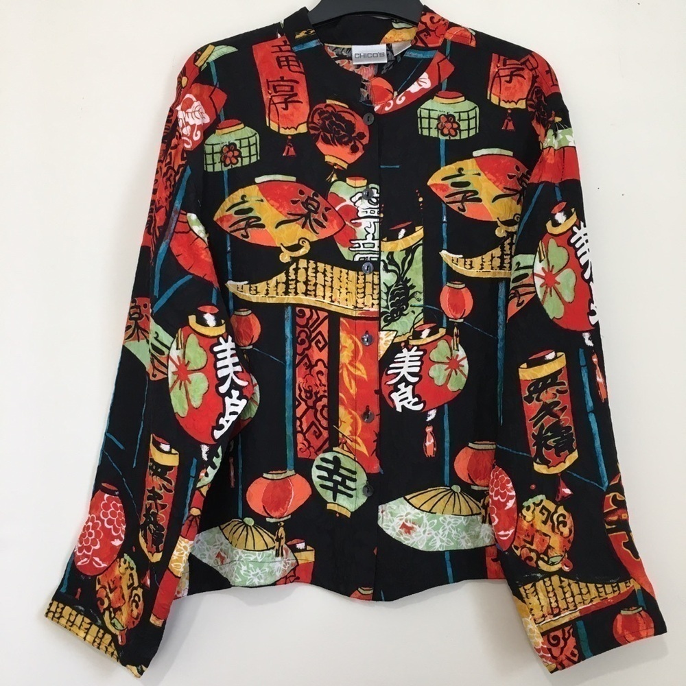 Chico's Silk Red Black Retro Imperial Asian Lantern button up festival blouse L